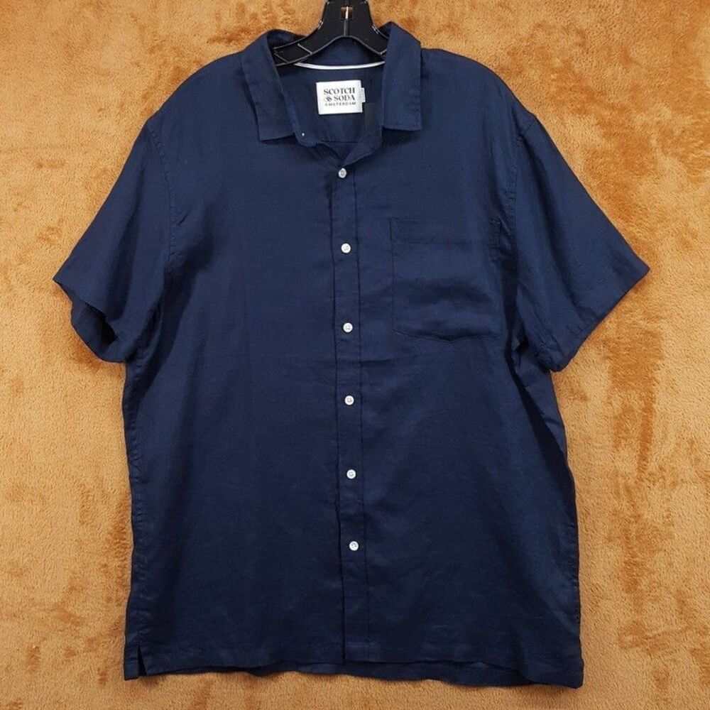SCOTCH & SODA Button Up Shirt Mens XL Navy Blue Short Sleeve 100% Linen $118